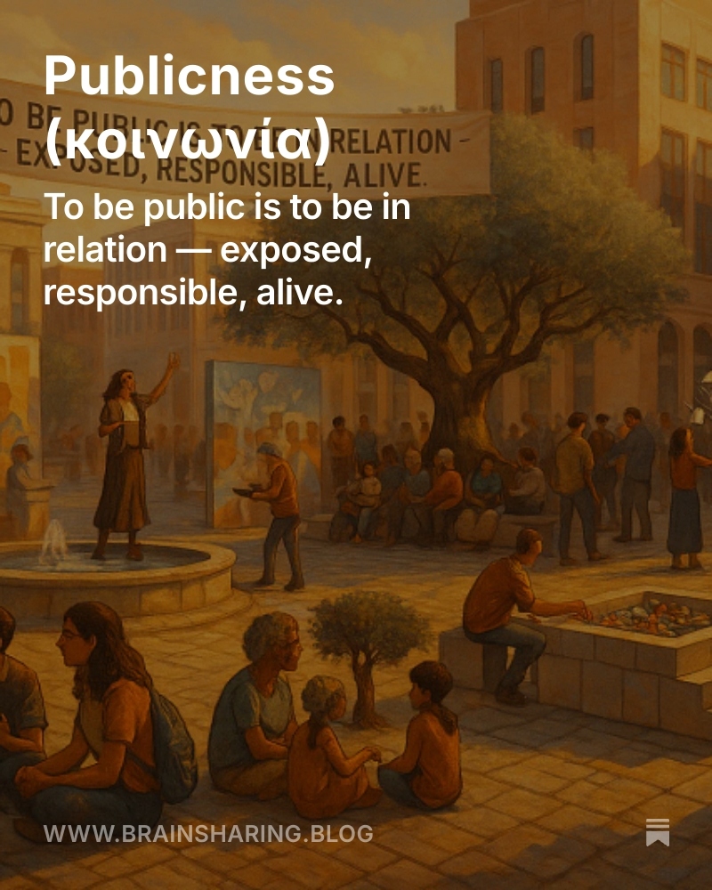DkrinasD's tweet image. Publicness (κοινωνία) . To be public is to be in relation — exposed, responsible, alive. 
zurl.co/UJ4DK
 #Publicness #Koinonia #SharedMeaning #CivicImagination #SocialReflection #CommonGround