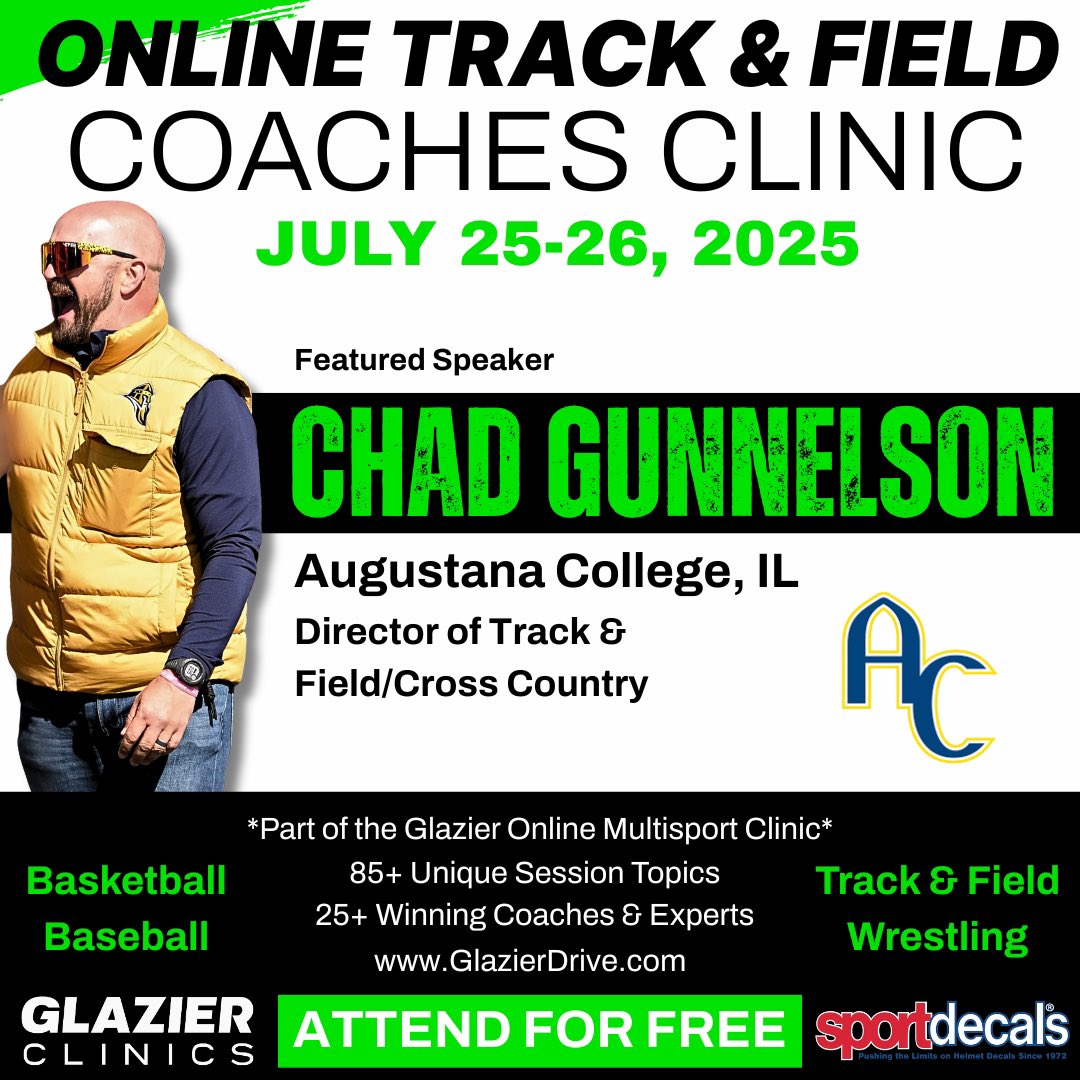 🚨 <a href="/GlazierClinics/">Glazier Clinics</a> 1️⃣ wk away 🚨
Join me Friday morning, July 25:
9-9:45AM: Coach Everything? How to Intersect Sprints, Jumps &amp; Hurdles
10-10:45AM: Strength Training for Sprints, Jumps, Hurdles, &amp; Vault
11-11:45AM: Developing a Comprehensive Off-Season /Summer Training Plan
