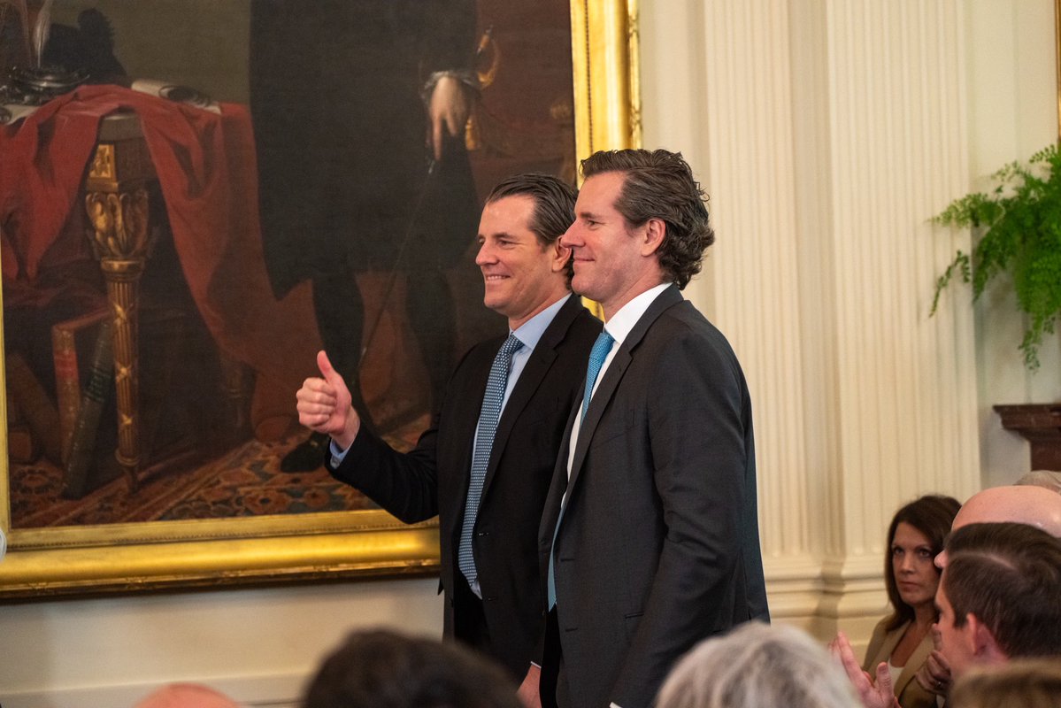 PenguinSix's tweet image. The @POTUS has signed the GENIUS cryptocurrency bill in the East Room. Speaker Johnson, the Winklevoss twins and Robinhood founder Vlad Tenev were also in attendance.