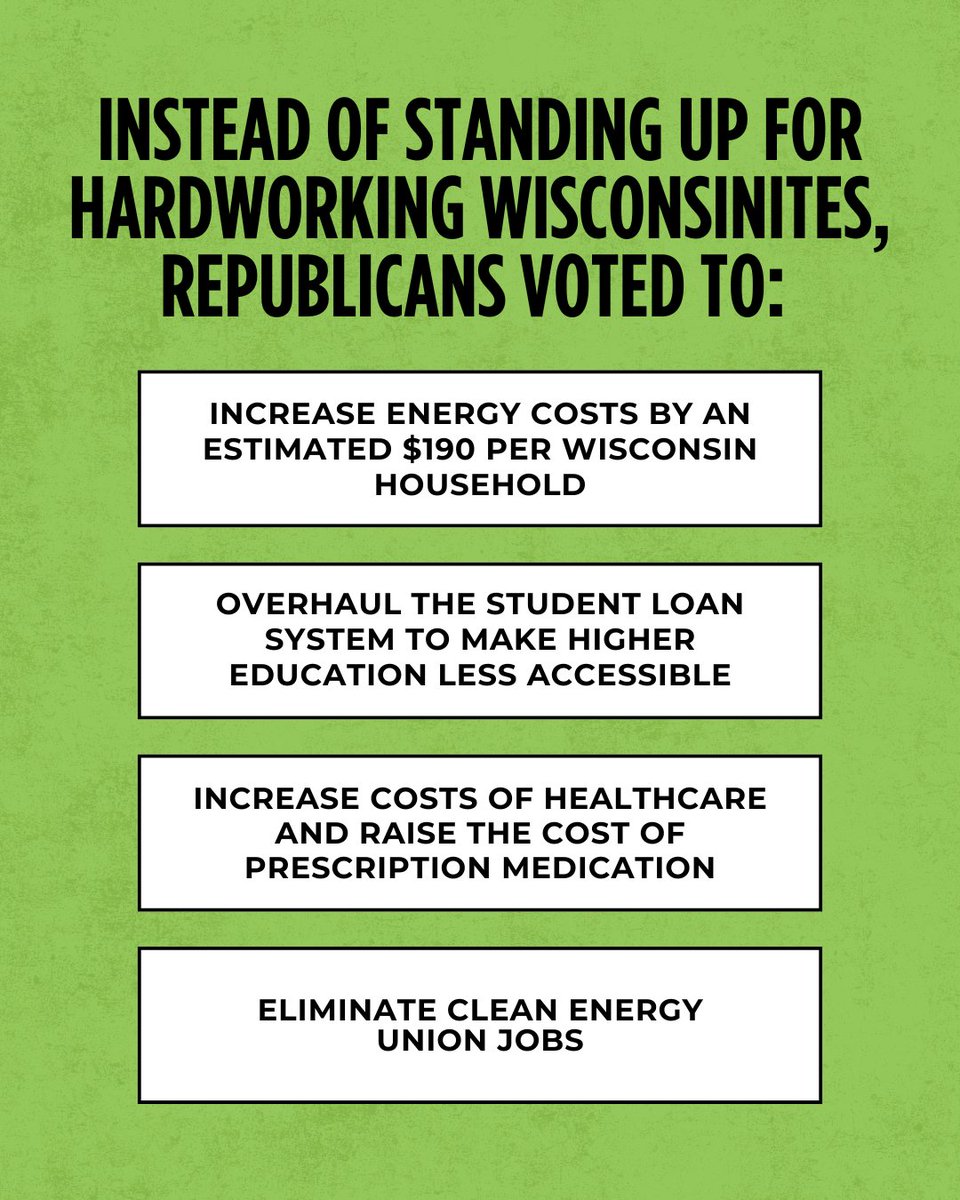 ABetterWis's tweet image. While Wisconsin families are already struggling with rising costs, Republicans like @RepTiffany just voted to make matters worse.
From raising healthcare costs to higher energy bills and the elimination of thousands of jobs, Trump's budget only delivers for the wealthy few.