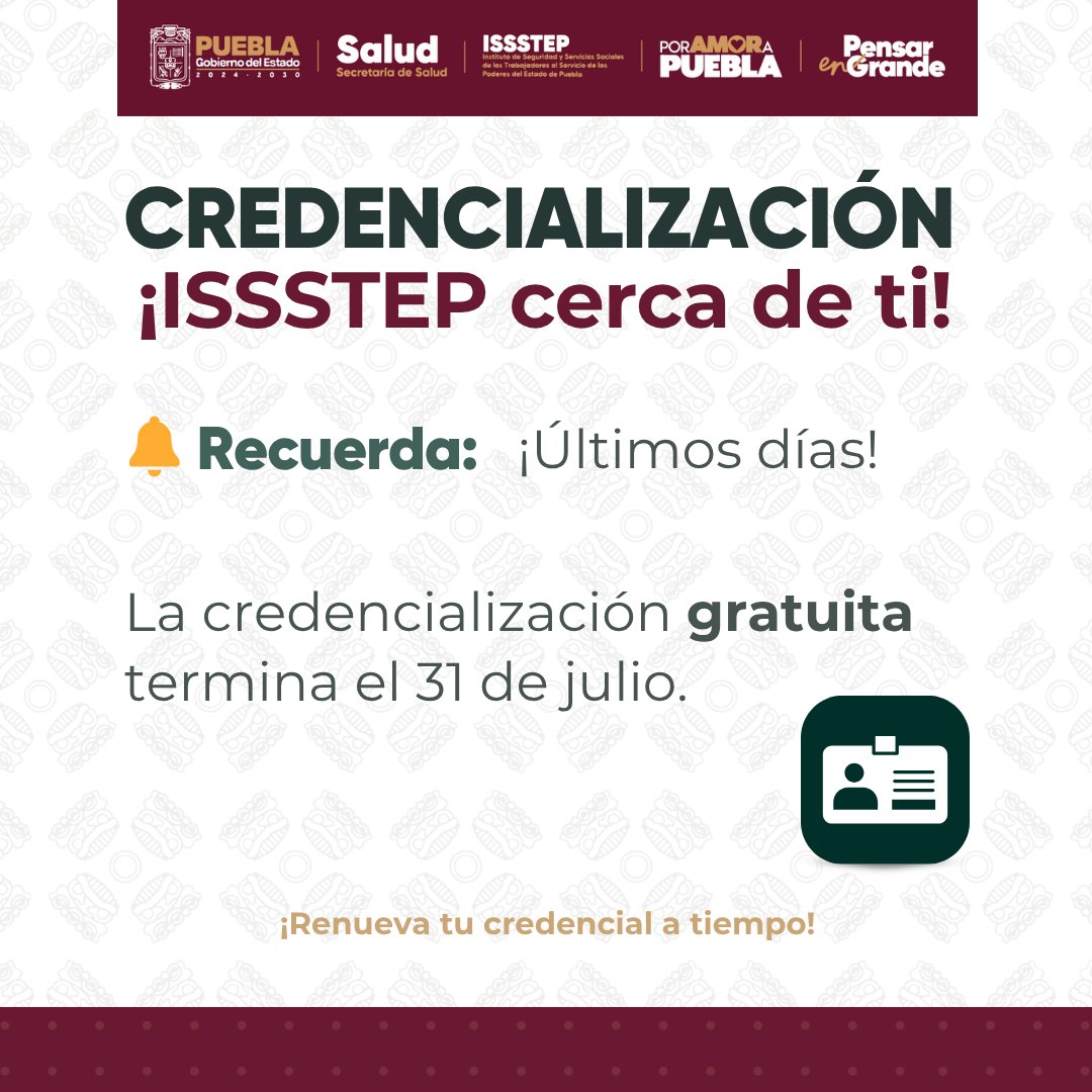 📌   ¡Recuerda!
    La campaña de credencialización gratuita termina el 31 de julio.
    Este trámite es fundamental para tener actualizada la información de todas   y todos nuestros derechohabientes.
    Después de esa fecha, las credenciales se seguirán expidiendo, pero con