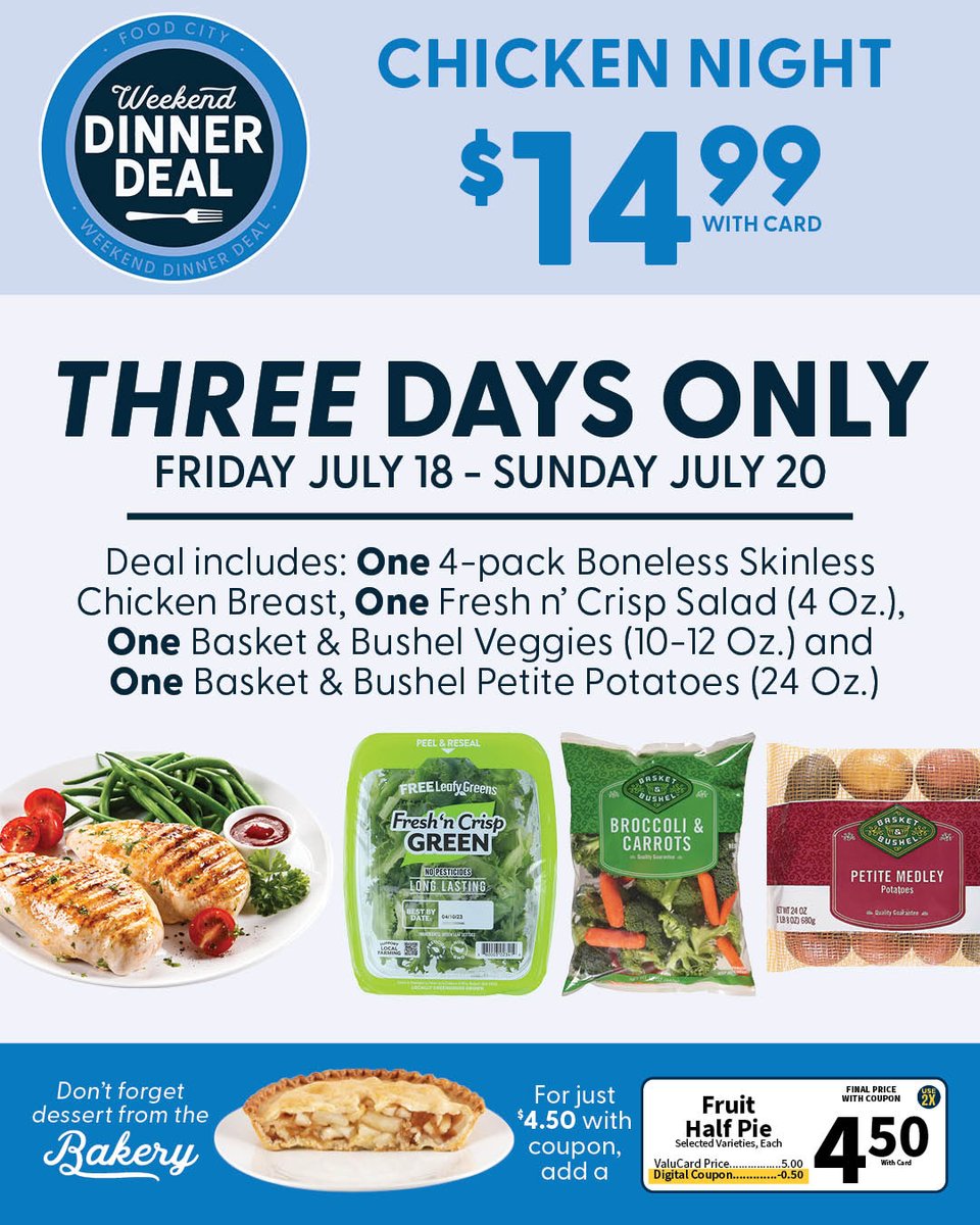 FoodCity's tweet image. It&apos;s chicken night this weekend! 🐓  Get special deal-only pricing this Friday, Saturday &amp;amp; Sunday when you purchase selected meal items.

#mealdeal #spaghettinight #savings #weekenddinnerdeal #foodcity #shopfoodcity