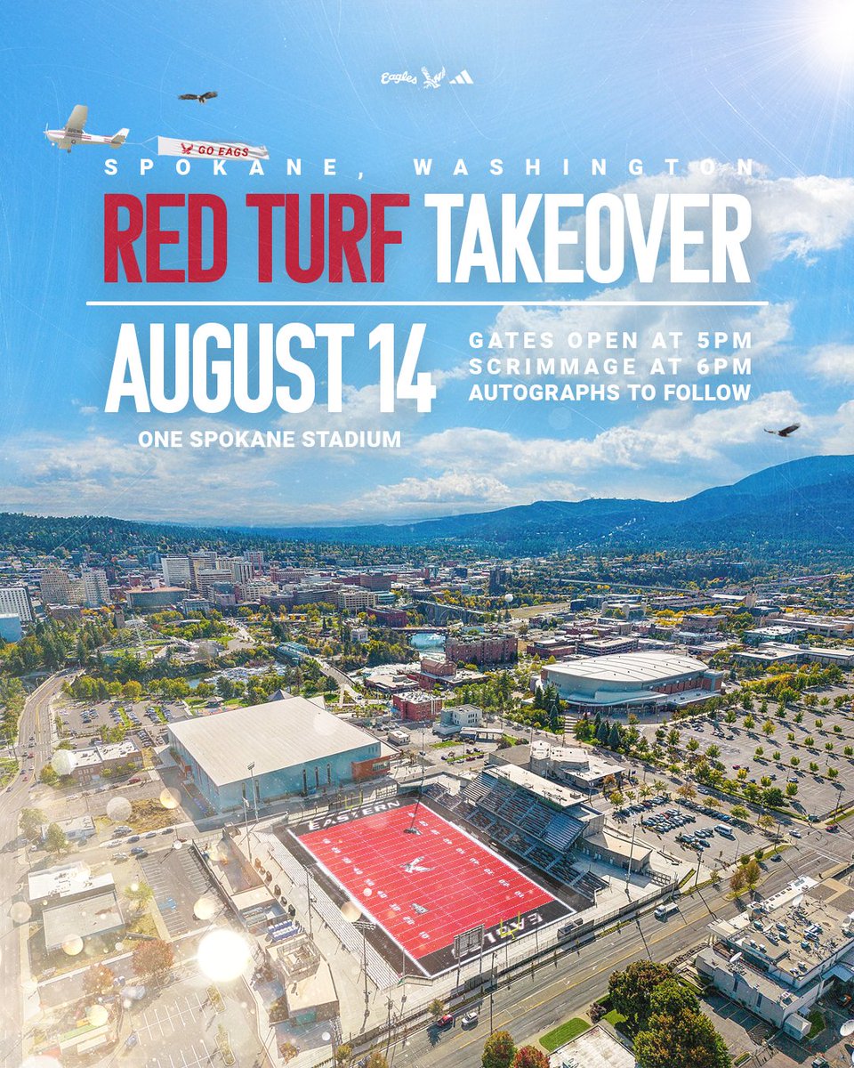 EWUFootball's tweet image. The Red Turf is taking over ONE Spokane Stadium!
Join us for Red Turf Takeover as we bring the Inferno to downtown Spokane.
Get ready Eagle Nation — you won’t want to miss it! 🦅
@EWUEagles @EWUAthletics @EWUAlumni
#GoEags #Spokane #OneSpokaneStadium #RedTurfTakeover