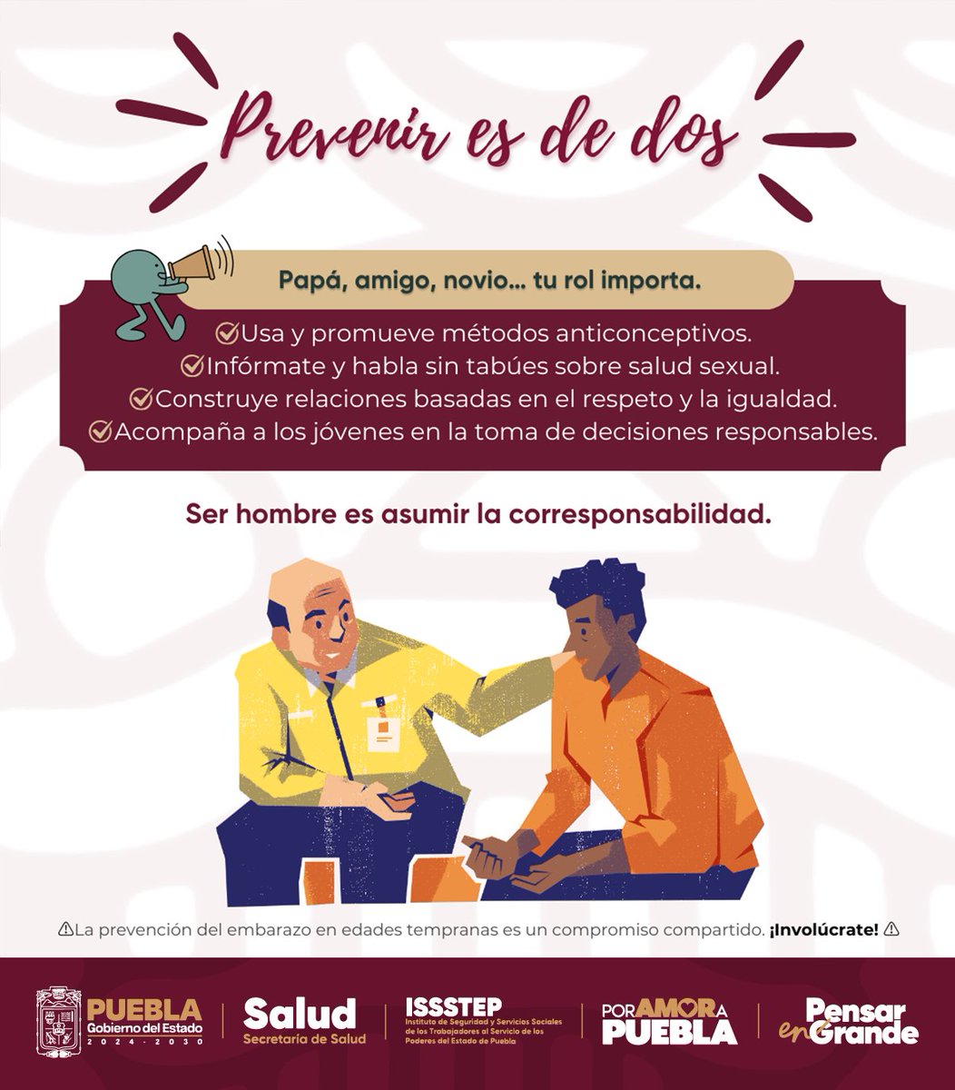 🤝   Prevenir el embarazo no planificado es una responsabilidad compartida.
    Hombres: su participación activa es clave para proteger la salud y el   bienestar de sus parejas y familias.
    ✅ Infórmense, utilicen métodos anticonceptivos y promuevan el diálogo   abierto y