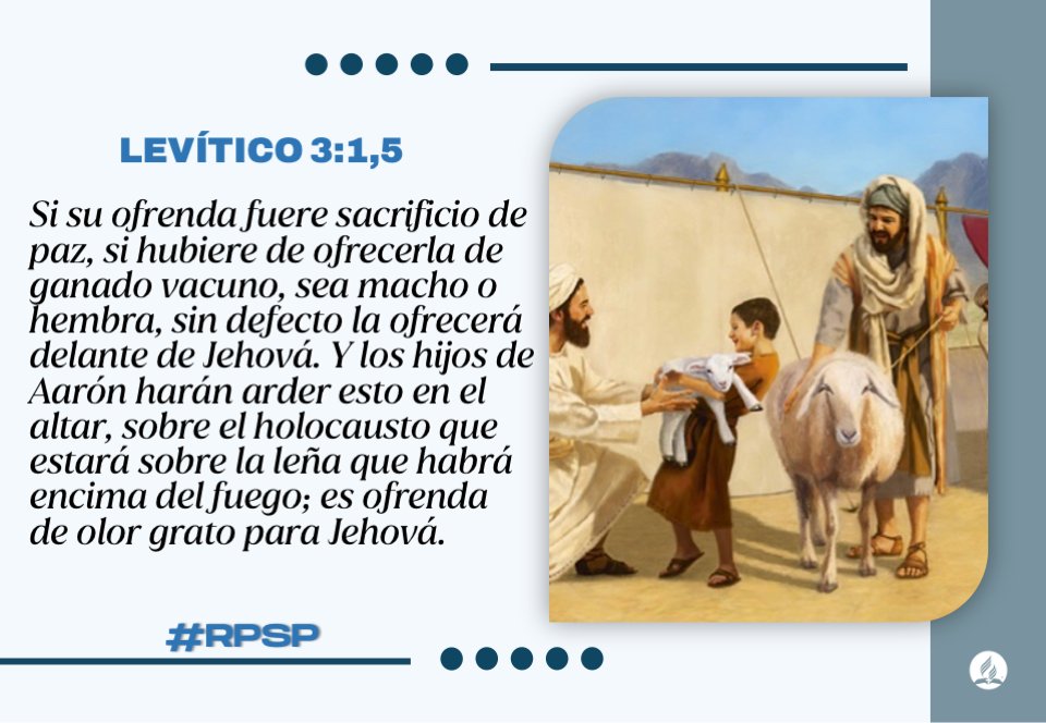 #RPSP Levítico 3
La ofrenda de paz celebraba la amistad ya existente entre Dios, el pueblo y los sacerdotes. No buscaba reconciliar sino expresar gozo. Hoy, quien cree en la obra de Cristo vive en esa paz satisfecho con lo que también satisface a Dios.