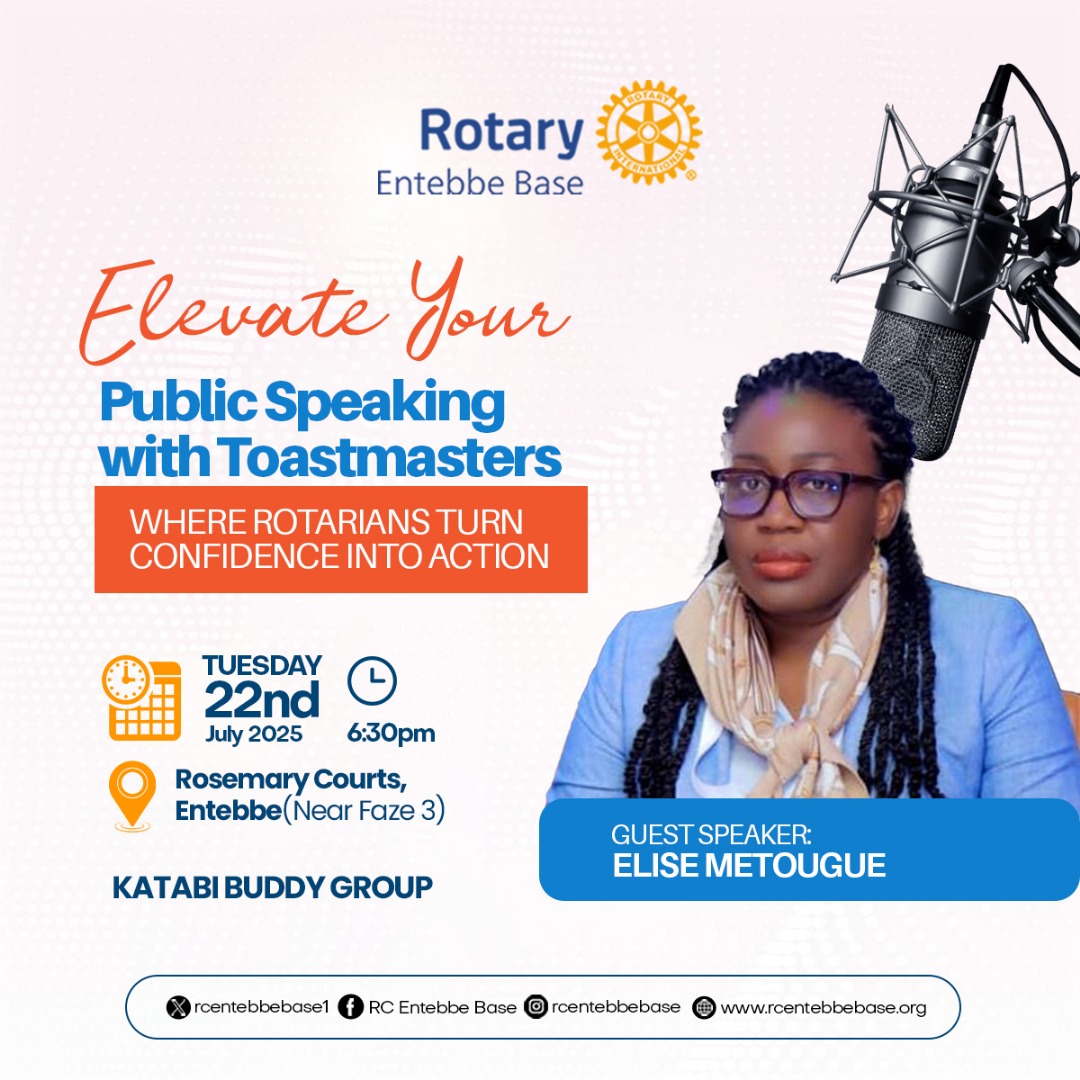RcEntebbeBase1's tweet image. RC Entebbe Base warmly invites you to an exciting and inspiring session!🤩.
Elevate Your Public Speaking with Toastmasters! 🎤
_Where Rotarians turn confidence into action._
Guest Speaker: Elise Metougue.
Date: Tuesday, 22nd July 2025.
Time: 6:30 PM
Venue: Rosemary Courts,…