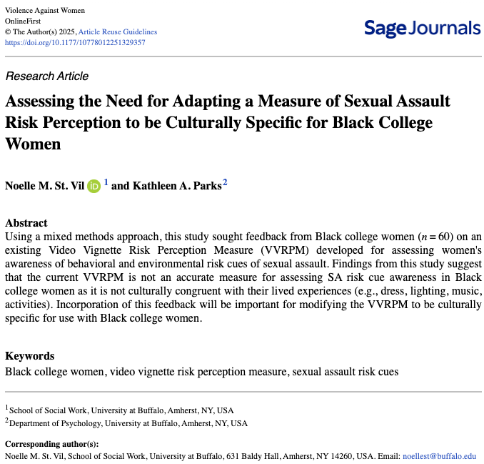VAWJournal's tweet image. How might a sexual assault risk intervention change if shaped by the voices of Black women college students? This mixed-methods study gathered insights from 60 Black college women to explore culturally specific adaptations.
Explore their findings here: journals.sagepub.com/doi/epub/10.11…