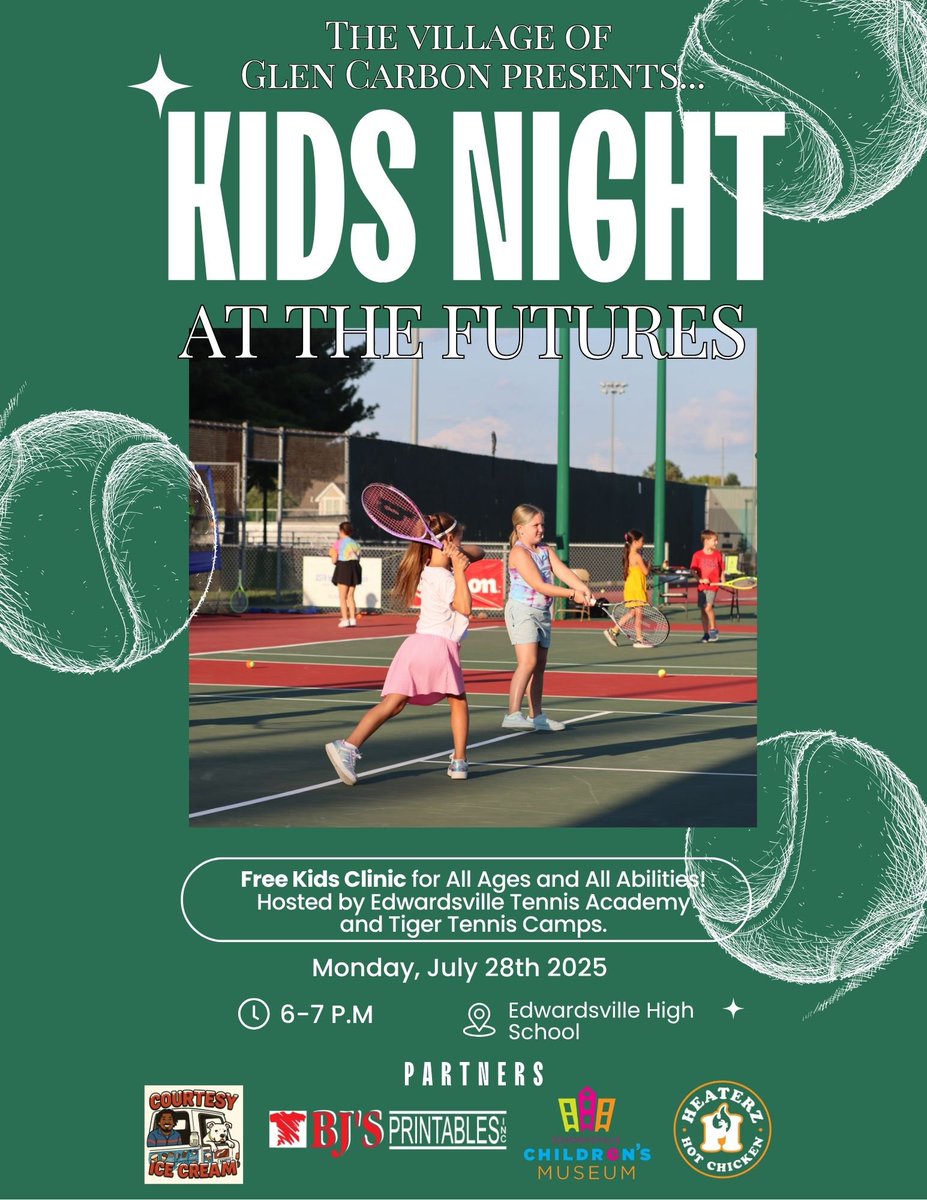 FuturesEdwards's tweet image. Save the Date: Kids Night!
Presented by the Village of Glen Carbon
🗓 Monday, July 28
🕕 6–7 PM
📍 Edwardsville High School Tennis Courts
Join us for one of the best nights of the week — a FREE tennis clinic. Open to all ages & abilities!