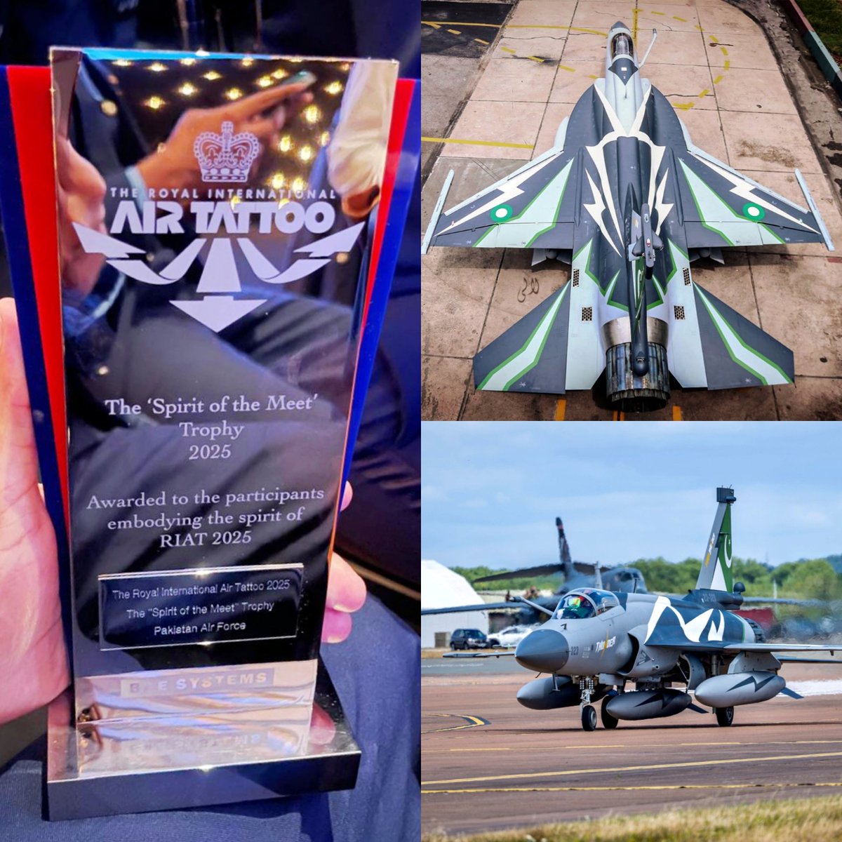 Tipu_Creativity's tweet image. 🇵🇰 JF-17 Thunder Wins &quot;Spirit of the Meet&quot; at RIAT 2025! 🇵🇰

PAF’s JF-17 has been awarded the prestigious Spirit of the Meet Trophy for its striking livery and the incredible journey from Pakistan, made possible through non-stop Air-to-Air Refueling (AAR).