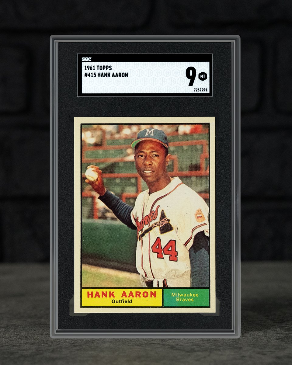 sgcgrading's tweet image. A stunning pack-fresh example of Hammerin' Hank's 1961 Topps card 🤌 Out of the 1,812 copies of this card that SGC has graded, only 5 have received the grade of a Mint 9, with none graded higher 🙌