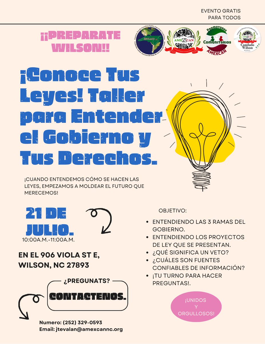 ¿Sabes cómo se hacen las leyes y cómo funcionan tus derechos?🧐

Te invitamos al taller “¡Conoce tus Leyes! Entiende el Gobierno y Tus Derechos” 🇺🇸📚
🗓 Lunes 21 de julio
🕙 10:00 a.m.
📍 906 Viola St E, Wilson, NC 27893