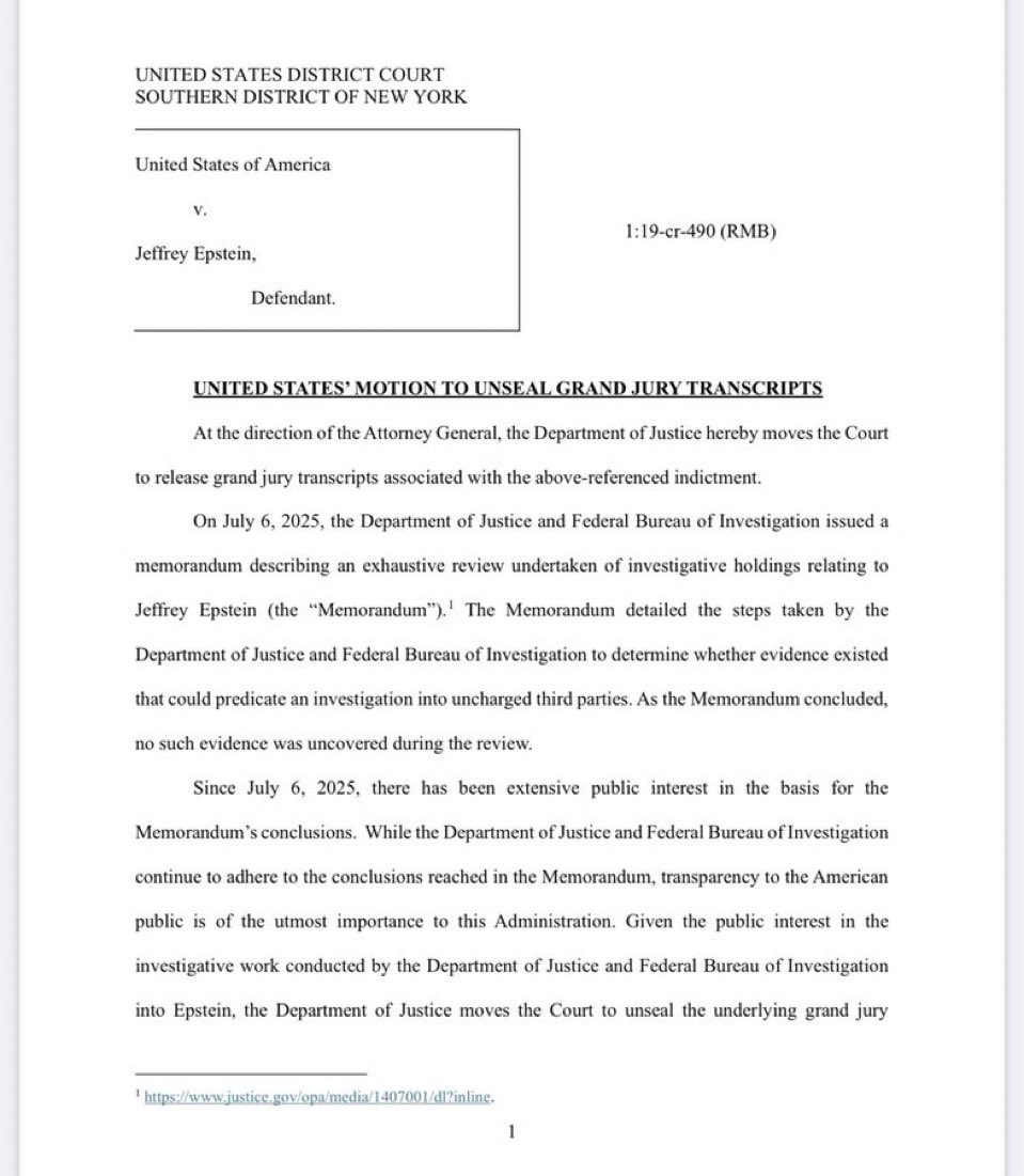 Jordan_Sather_'s tweet image. Attorney General Pam Bondi has filed a motion in New York seeking the release of grand jury transcripts related to the Jeffrey Epstein case.