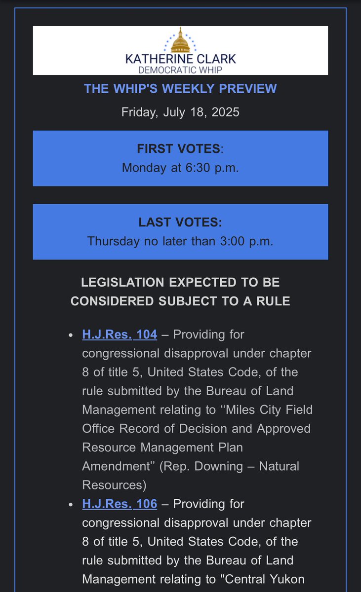 AndrewSolender's tweet image. At the moment, House Dem whip Katherine Clark’s office lists there as being votes next week: