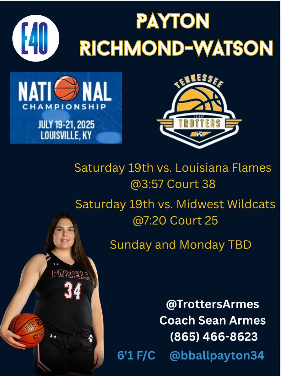 Payton Richmond-Watson (@bballpayton34) on Twitter photo Looking forward to competing at the E40 Nationals in Louisville this weekend. Here is our schedule <a href="/TrottersArmes/">TN Flight Trotters 2027 (Armes)</a> <a href="/PHSCoachFisher/">John Fisher</a> <a href="/Letsworktrainin/">Lester Wilson</a> <a href="/MeadeHoops/">Amanda Meade</a> <a href="/PGHTennessee/">Prep Girls Hoops Tennessee</a> Looking forward to competing at the E40 Nationals in Louisville this weekend. Here is our schedule <a href="/TrottersArmes/">TN Flight Trotters 2027 (Armes)</a> <a href="/PHSCoachFisher/">John Fisher</a> <a href="/Letsworktrainin/">Lester Wilson</a> <a href="/MeadeHoops/">Amanda Meade</a> <a href="/PGHTennessee/">Prep Girls Hoops Tennessee</a>