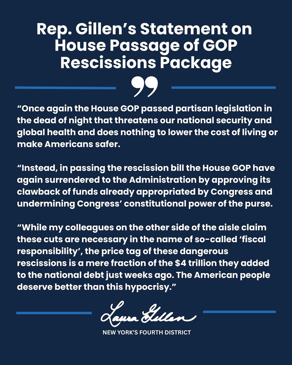 RepLauraGillen's tweet image. Once again, House Republicans have passed yet another bill that does nothing to lower costs for hardworking families.
Read my full statement on the passage of the GOP rescissions package: