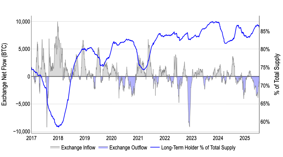Dav1dDuong's tweet image. Bitcoin's long-term holders still control ~85% of circulating BTC: their share continues to grind higher while exchange net flow remains negative. With fewer liquid coins available, each new dollar of demand pushes price higher, amplifying upside momentum.
See our longer form…