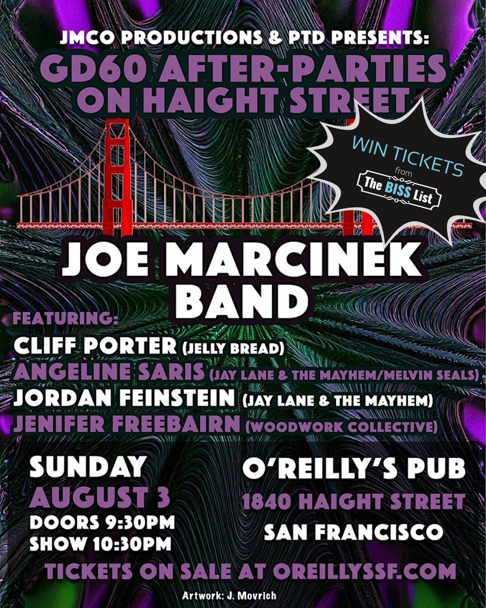 After the show in Golden Gate Park winds down, the real trip begins… A psychedelic after-party blowout at O'Reilly's Pub, right in the heart of Haight-Ashbury. Featuring a full two live sets from Joe Marcinek Band on Sunday 8/3. Enter to #WIN tickets at bisslist.com/biss_event/gd6….