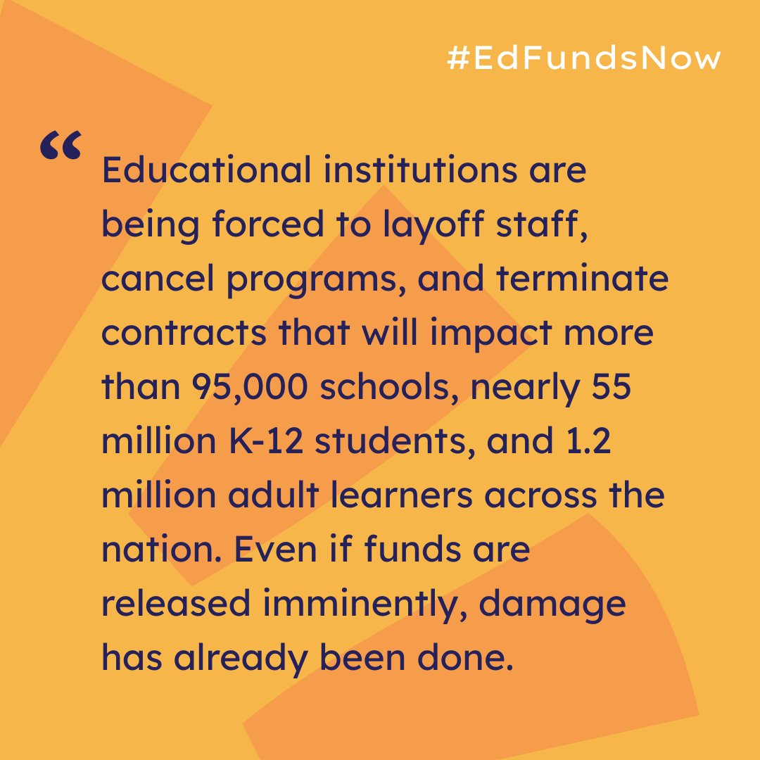 edvoice's tweet image. On June 30, the #TrumpAdministration withheld a projected $6.8B nationwide in education funds — including at least $811M from CA — appropriated by Congress to help #EnglishLearners and students from migrant families, as well as funds for teacher training, after-school programs,…