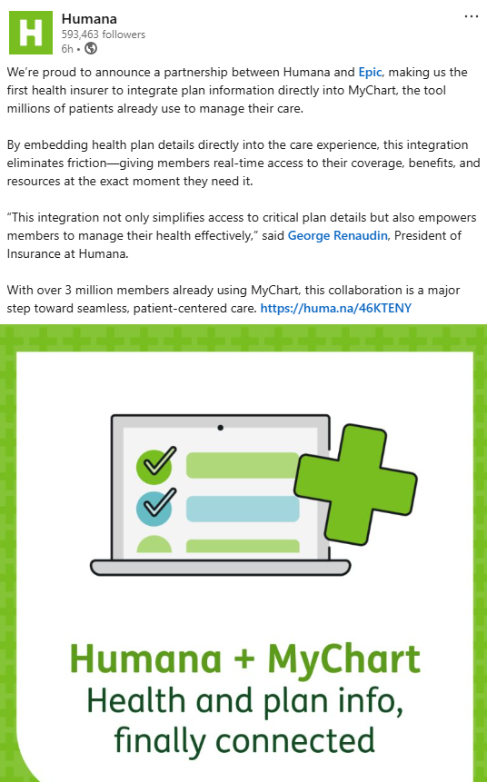 dp_oneill's tweet image. This seems like a genuinely useful step. Tip of the hat to @Humana.
Now, if more health systems let patients connect records from different MyChart accounts, and a few more insurers follow suit, we'll be inching toward a modern experience...