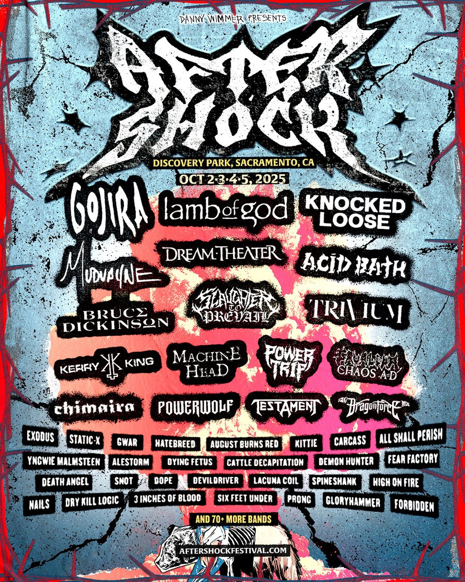 AFTERSHOCKSAC's tweet image. Death Metal. Hardcore. Thrash. Grindcore. Metalcore. It&apos;s all yours this fall at Aftershock!

Gojira, Lamb of God, Knocked Loose, Mudvayne, Dream Theater, and so many more of the heaviest bands around will shake Sacramento over 4 days. 

Brace yourself - on.aftershockfestival.com/trk/HeavyBandsX