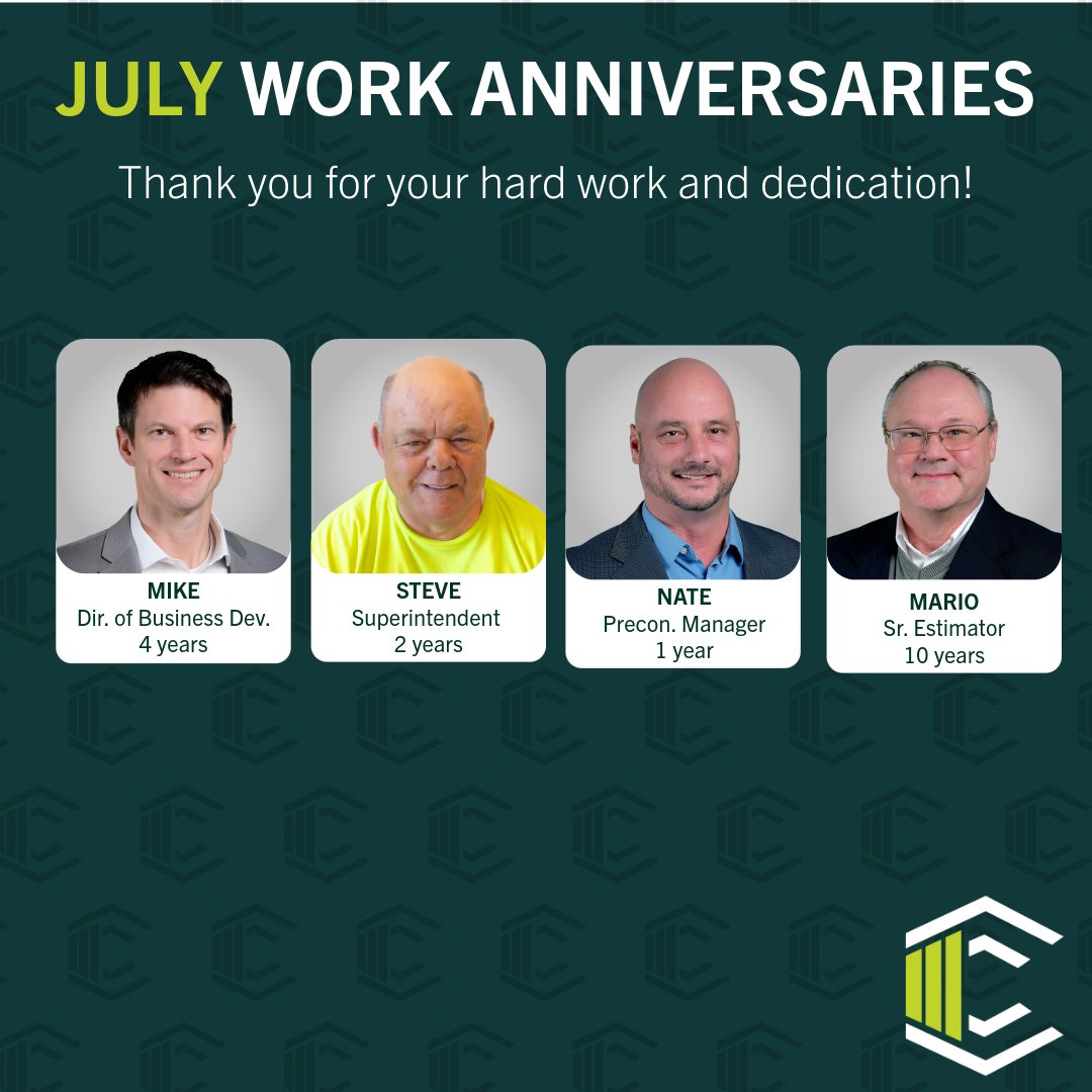 Celebrating Mike, Steve, Nate &amp; Mario on their July work anniversaries! Your hard work, dedication &amp; drive make a big impact every day. Thanks for being part of the Conger team!
#CongerBuilt