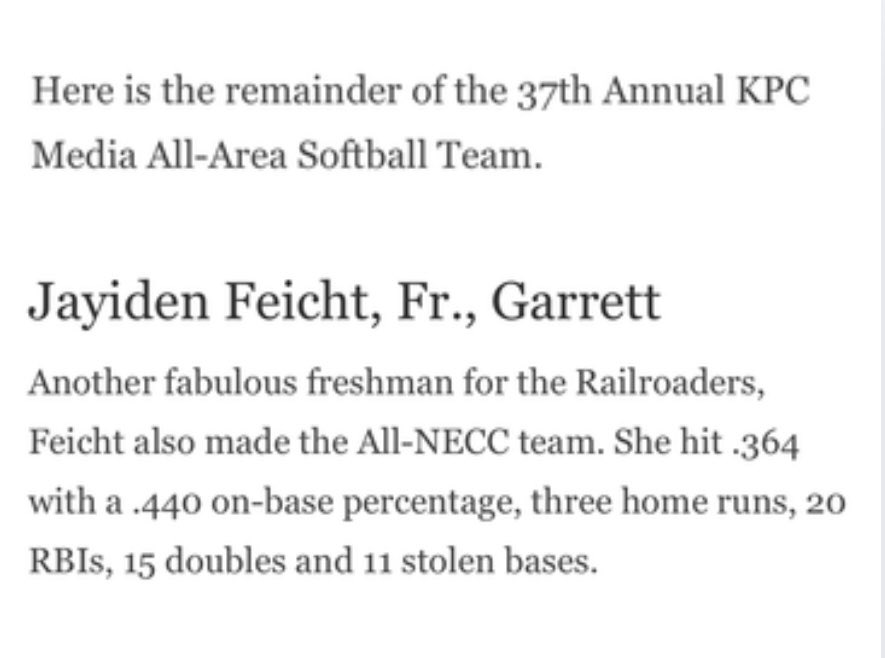 SW16uCarroll's tweet image. Congratulations to #23 Jayiden Feicht on being selected to KPC Media 2025 All Area Softball team! @JayidenF62635
