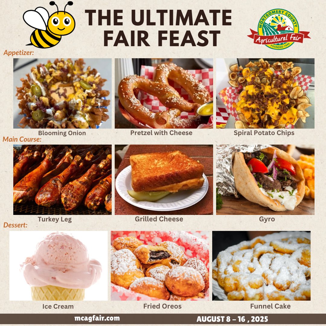MOCOFAIR's tweet image. 🍴 The Ultimate Fair Feast: You Can Only Pick One from Each!
👇 Tell us your picks by Sunday, July 20 at midnight!
🎟️ TWO lucky foodies will each win a pair of tickets to the 2025 Montgomery County Agricultural Fair! 🐝 August 8–16, 2025
#MoCoFair #FairFoodFriday