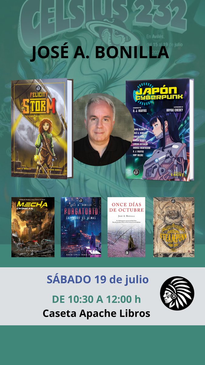 José A. (@jabhsss) on Twitter photo Mañana, de 10:30 a 12:00h, firmaré en el <a href="/festivalcelsius/">Celsius 232</a> antes que Sanderson. En la caseta de <a href="/apachelibros/">apachelibros 🌈</a>. No me abandonéis. 😭😭. Os estaré esperando con cyberpunk, steampunk, antologías… Mañana, de 10:30 a 12:00h, firmaré en el <a href="/festivalcelsius/">Celsius 232</a> antes que Sanderson. En la caseta de <a href="/apachelibros/">apachelibros 🌈</a>. No me abandonéis. 😭😭. Os estaré esperando con cyberpunk, steampunk, antologías…