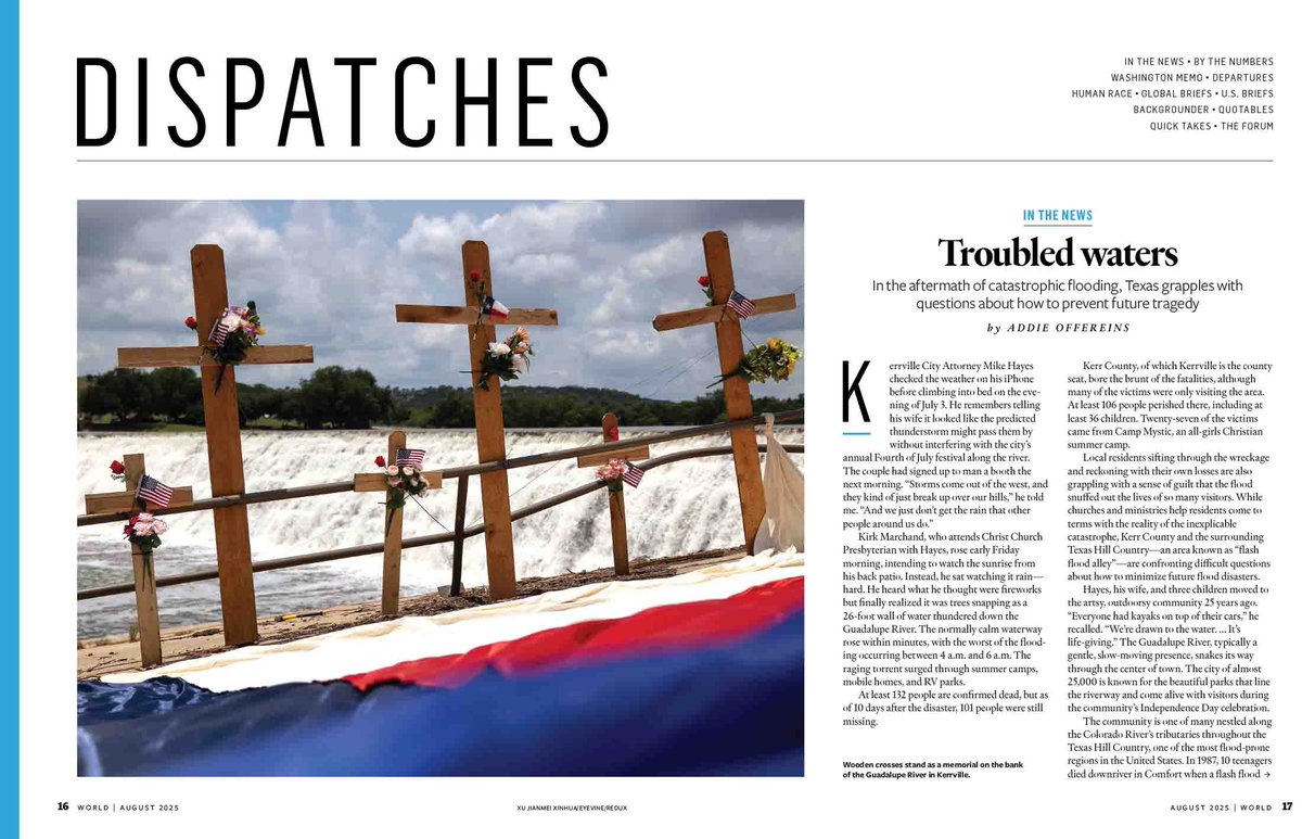 reduxpictures's tweet image. Photo of wooden crosses at the bank of the Guadalupe River in Texas to honor the victims of the floods there, by Xu Jianmei / Xinhua / eyevine / Redux - in World magazine, August 2025. #xujianmei #xinhua @eyevine @WNGdotorg