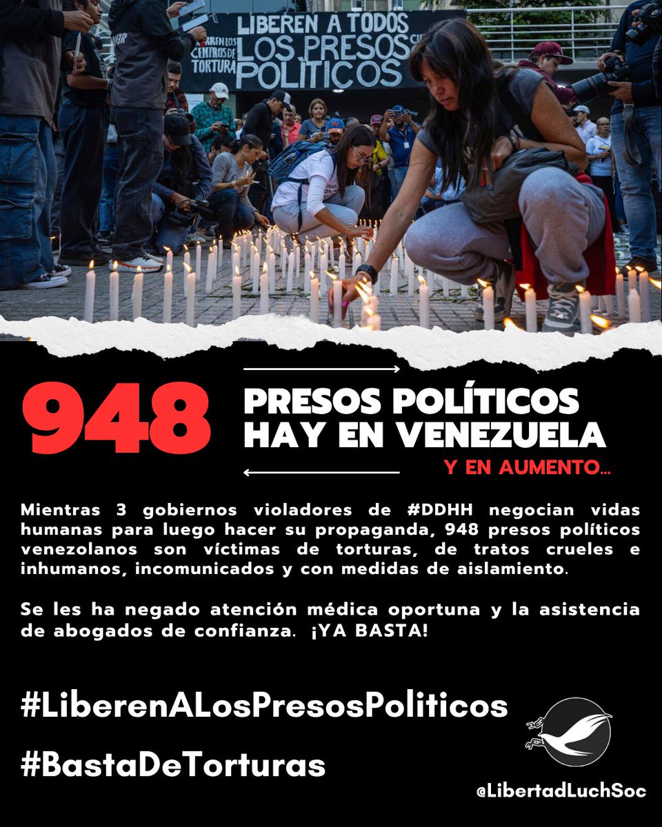 🚨 ALERTA | Mientras 3 gobiernos violadores de #DDHH negocian vidas humanas para luego hacer su propaganda, 948 presos políticos venezolanos son víctimas de torturas, de tratos crueles e inhumanos, incomunicados y con medidas de aislamiento. ¡YA BASTA! #LiberenALosPresosPoliticos