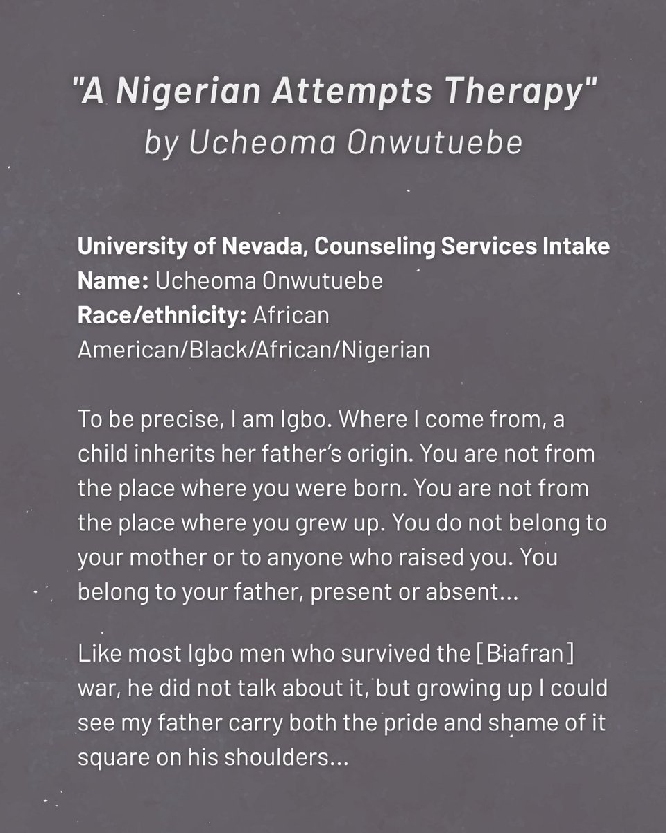 BLReview's tweet image. BLR's Weekly Read newsletter brings you one outstanding story, poem, or essay from our archive. 📖 This week's read is "A Nigerian Attempts Therapy" by Ucheoma Onwutuebe, from Issue 43: Recovery. @ucheomar
Read Ucheoma's full essay: blreview.org/nonfiction/a-n…