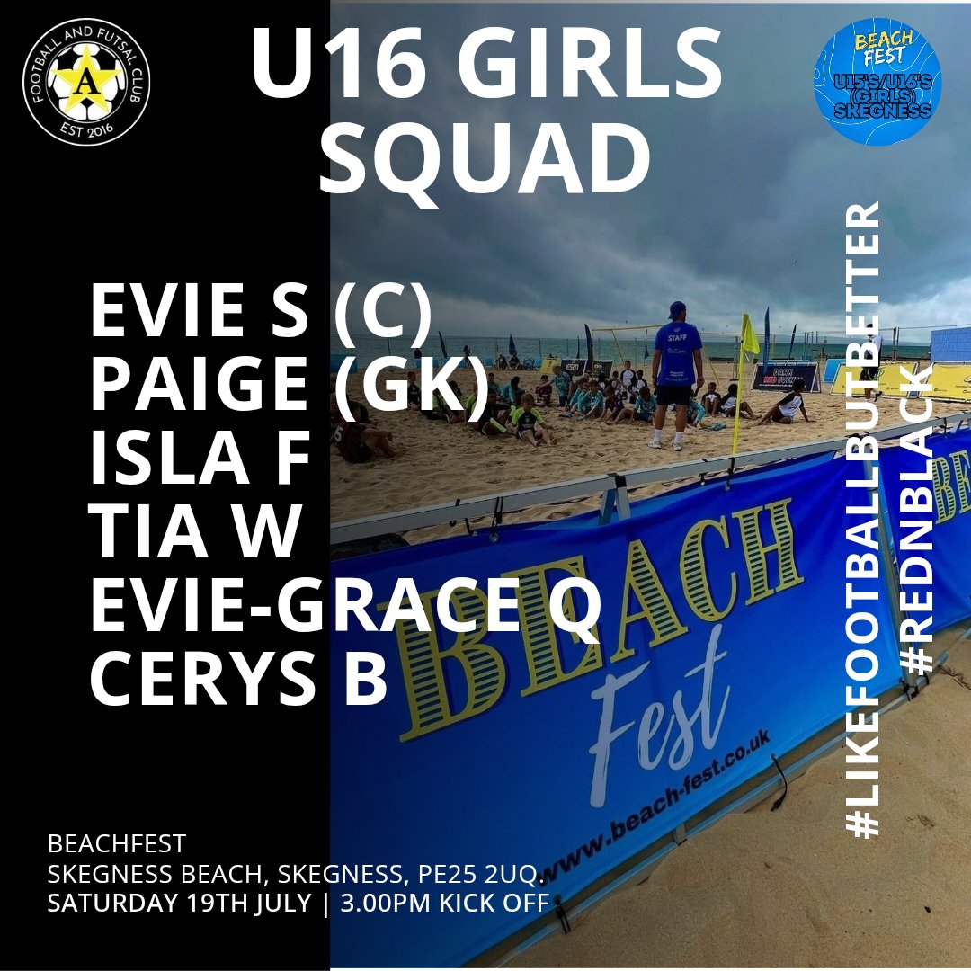 A⭐️Futsal Club (@astarfutsal) on Twitter photo ⭐️ U16 GIRLS SQUAD ⭐️
Something a bit different tomorrow as our U16 girls hit <a href="/UKBEACHFEST/">BEACH FEST</a> Skegness!
Missing a few players due to injuries & football commitments but I'm sure the girls will leave everything on the c̶o̶u̶r̶t̶ sand!
Go & have fun girls!
#LikeFootballButBetter ⭐️ U16 GIRLS SQUAD ⭐️
Something a bit different tomorrow as our U16 girls hit <a href="/UKBEACHFEST/">BEACH FEST</a> Skegness!
Missing a few players due to injuries & football commitments but I'm sure the girls will leave everything on the c̶o̶u̶r̶t̶ sand!
Go & have fun girls!
#LikeFootballButBetter
