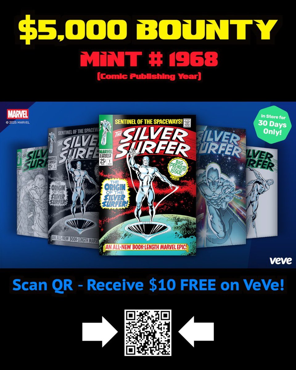 ComicsandCrypto's tweet image. 🚨$5,000 BOUNTY ALERT🚨
We are placing a $5,000 bounty on Silver Surfer #1 - MINT #1968.
1968 represents the year Silver Surfer #1 was released!
Only 2,000 editions total. Drops Wed, July 23 @ 8am PST on @veve_official!
Sign up with our link and get $10 FREE, start…