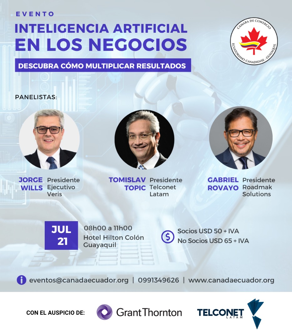CamaraCanadiense (@camaracanadiens) on Twitter photo JUL 21 Participe en nuestro evento exclusivo donde expertos analizarán cómo la IA está redefiniendo la estrategia, las finanzas y el sector salud
t.ly/oQNqH
Con auspicio de
<a href="/grantthorntonec/">Grant Thornton Ecuador</a>
<a href="/TelconetLatam/">Telconet Latam</a>
<a href="/Gabriel_Rovayo/">Gabriel Rovayo, PhD</a> JUL 21 Participe en nuestro evento exclusivo donde expertos analizarán cómo la IA está redefiniendo la estrategia, las finanzas y el sector salud
t.ly/oQNqH
Con auspicio de
<a href="/grantthorntonec/">Grant Thornton Ecuador</a>
<a href="/TelconetLatam/">Telconet Latam</a>
<a href="/Gabriel_Rovayo/">Gabriel Rovayo, PhD</a>