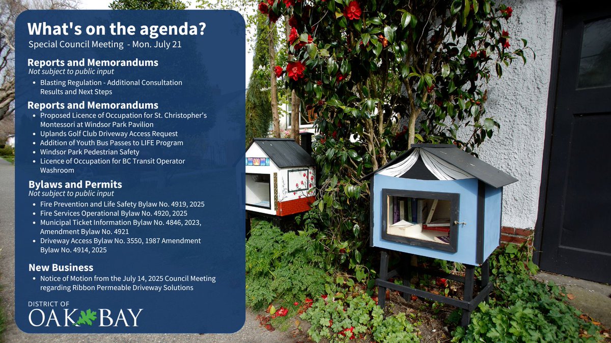 The agenda is live for Monday's Special Council Meeting, starting at 7:00 p.m. at Oak Bay Municipal Hall Council Chambers.

🔗 Join us in-person or online at oakbay.civicweb.net