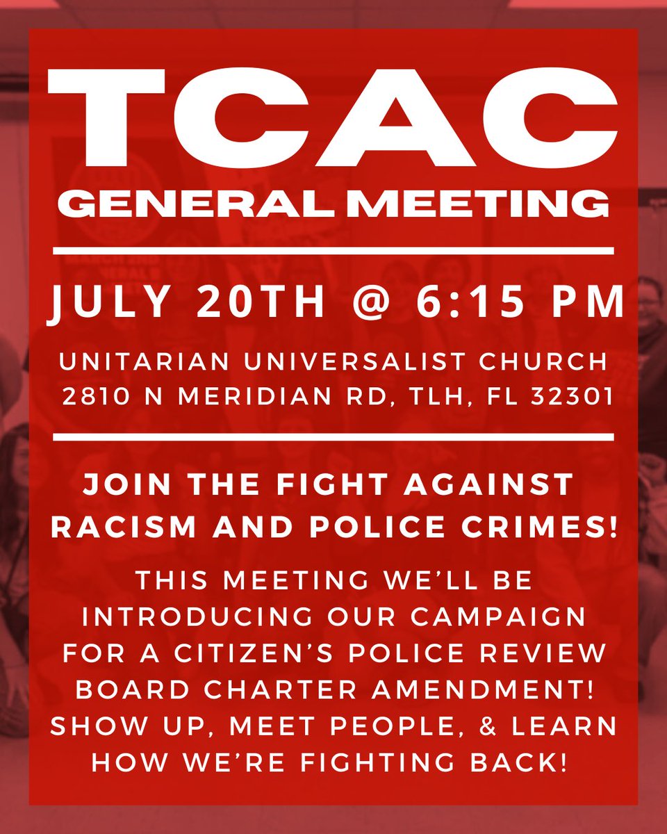 Join us this Sunday for our General Meeting where we’ll be introducing our campaign for a Citizen's Police Review Board in Tallahassee! This is a great chance to learn about what we're doing, so if you've never been to a meeting we'd love to see you there!

#tallahassee #blm