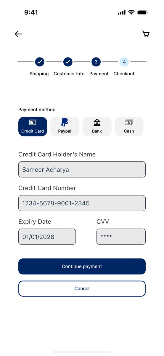 sawmeeracharyaa's tweet photo. Day 2: Today, I learned about User Centric Design. How to conduct user centric design? Why its important?

UI Challenge of the day: To design credit card checkout page. 
@_primeitclub 

#pitc30days #primeitclub #pitc_uiux #learningwithpitc #DailyUI https://t.co/viWlLdb83k