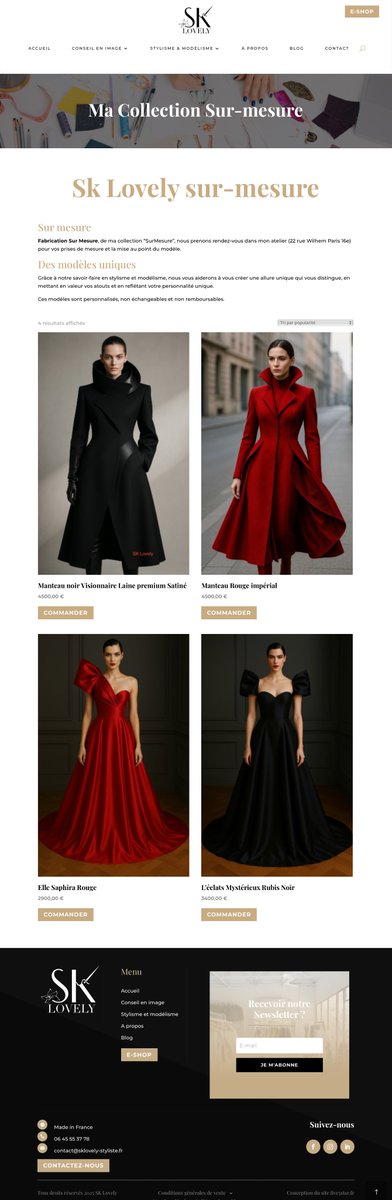 Un projet élégant pour SK Lovely, créatrice de mode et conseillère en image à Paris.
🛍️ Boutique en ligne
✂️ Sur-mesure
💄 Conseil en image &amp; formation
💻 Design sobre, UX clair, branding cohérent

→ Site conçu sous WordPress + WooCommerce + Divi