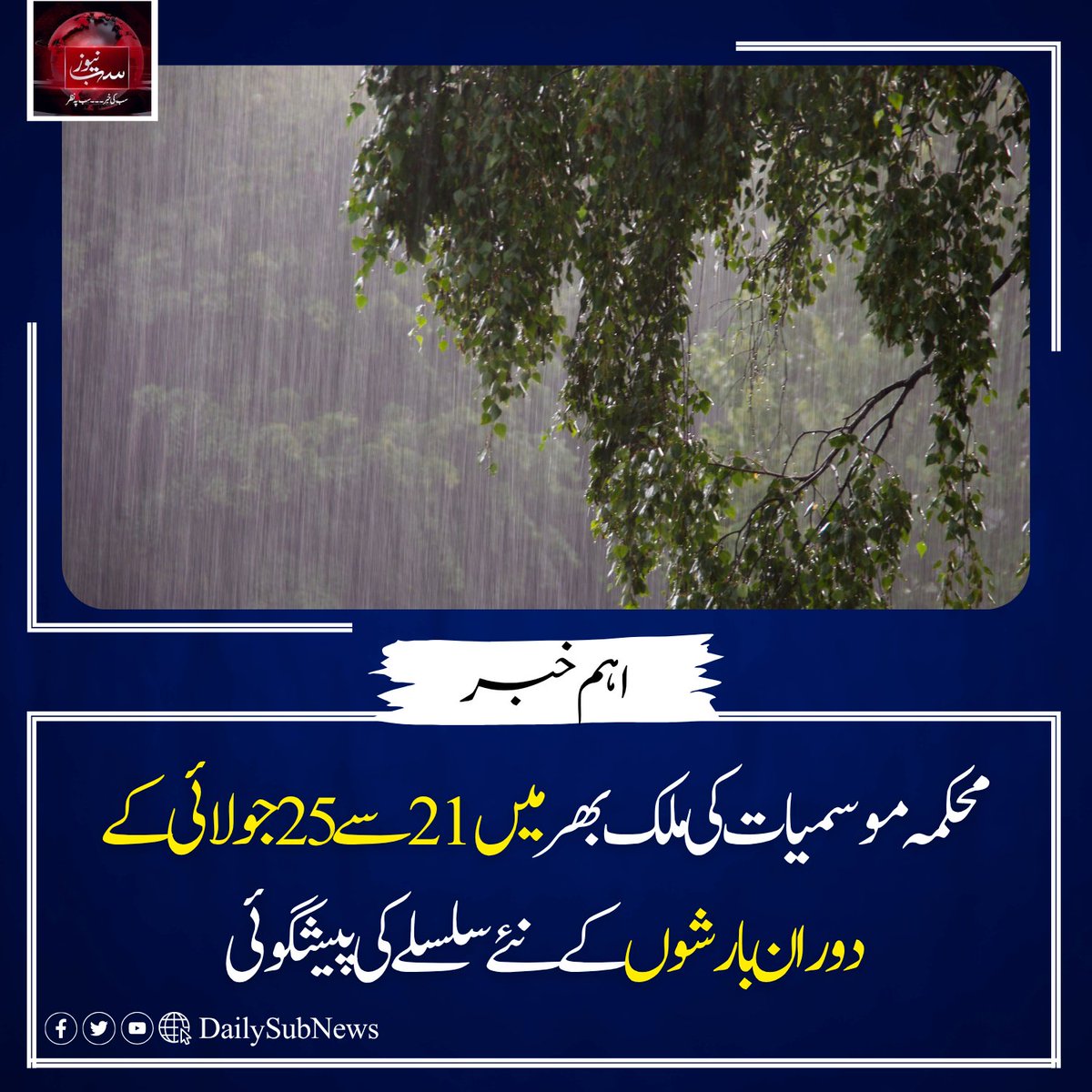 DailySubNews's tweet image. محکمہ موسمیات کی ملک بھر میں21سے 25جولائی کے دوران بارشوں کے نئے سلسلے کی پیشگوئی 

 dailysubnews.com/news-257014/
#wlWeatherUpdate #BreakingNews #SubNews