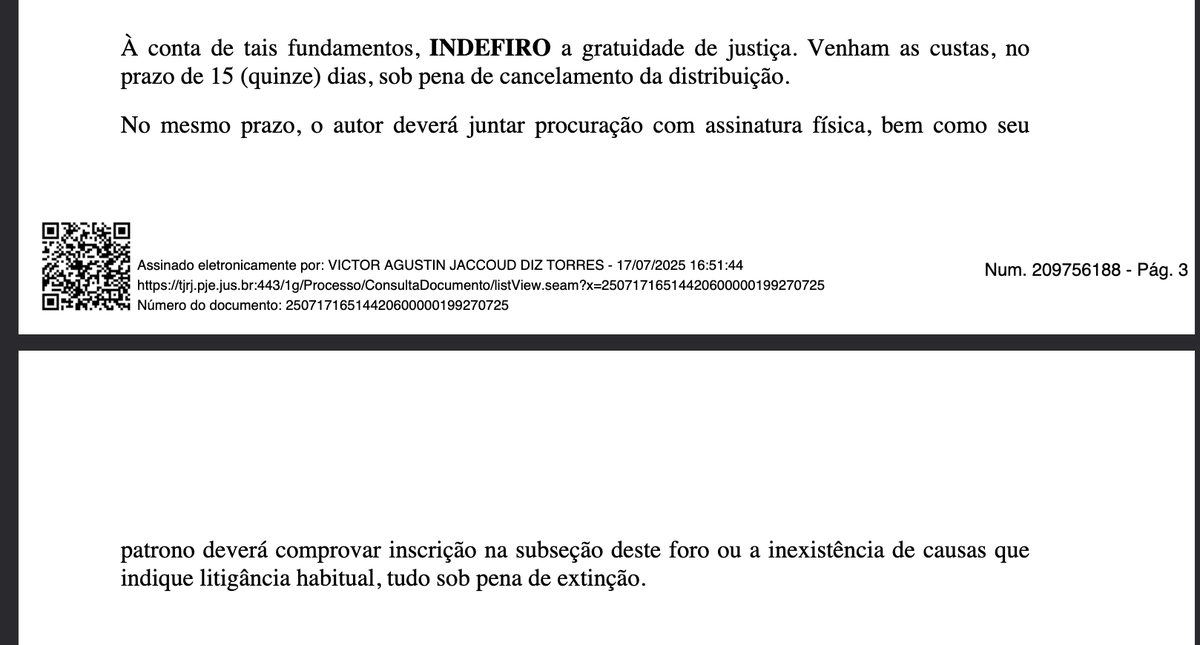 barbararonsoni_'s tweet photo. Advogar no Rio é assim: se pede gratuidade, o juiz ameaça uso do SISBAJUD para verificar informações. Você pede pro juiz usar SISBAJUD porque todos documentos já foram apresentados. O juiz alega que o autor tem "conta de investimentos", não prova valores, e intimida o procurador https://t.co/3vxLFaL29f