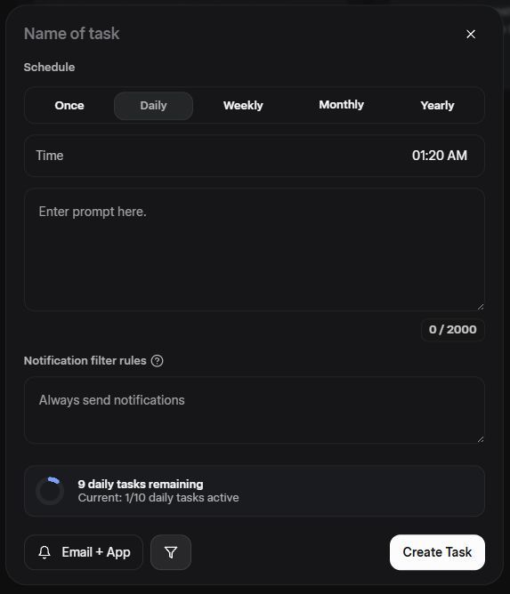 kzu's tweet image. Scheduling @xai #grok tasks (full v4 prompts, plus another prompt for filtering notifications depending on the results!) for recurring deep search and analysis is just bonkers. Competition with @OpenAI is fierce, and us consumers are benefiting tremendously. What a time to be…