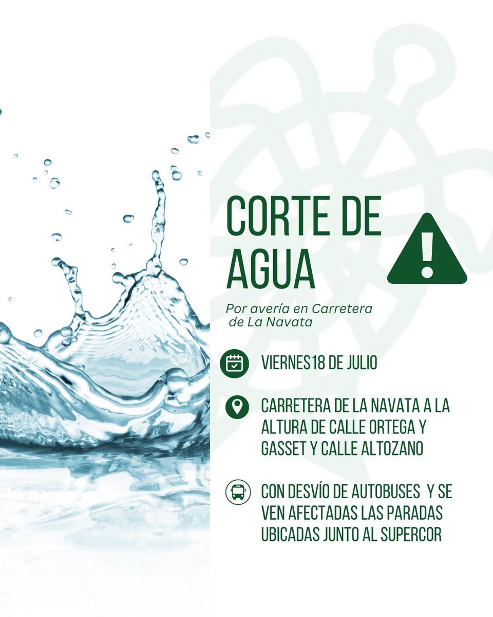 🔧 CORTE DE AGUA EN LA NAVATA
Por una avería en la Carretera de La Navata, a la altura de c/ Ortega y Gasset y Altozano

📢 El corte de agua podría afectar a todas las viviendas ubicadas desde ese punto hasta la zona de la A6.