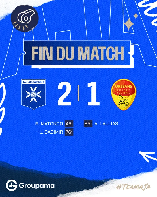 🔚 𝐅𝐢𝐧 𝐝𝐮 𝐦𝐚𝐭𝐜𝐡 🏟️ L'AJA remporte son premier match de préparation face à l'@US_Orleans ! 💪 #TeamAJA #AJAUSO (2-1)