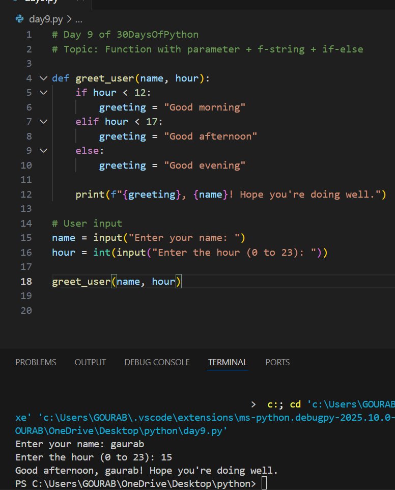 Gaurab_on_X's tweet image. Day 9 ✅
Built a cool greeter using functions + f-string + if-else.
"Good morning/afternoon/evening" just got coded 😎
#30DaysOfPython #CodeNewbie #Python