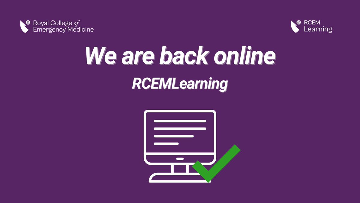 RCEMLearning's tweet image. We are aware that some members were experiencing issues accessing RCEMLearning following a recent database upgrade.
We can now confirm that our systems are back online. If you continue to have any issues logging in, please email us at rcemlearning@rcem.ac.uk
