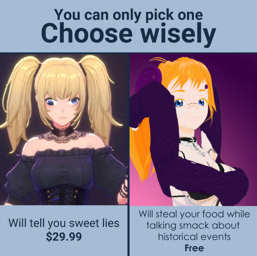 Look if you need a blonde anime girl to yap at you? Pick the one that actually can understand sarcasm.

#dollieart | #vtuber | #vtuberEN