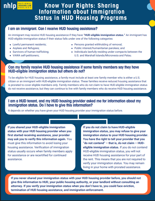 NHLP's tweet image. ¿Qué debe hacer si su proveedor de vivienda de HUD le pregunta sobre su estatus migratorio? Nuestro recurso "Conozca Sus Derechos" en Inglés y Español puede ayudar a las familias de HUD con estatus migratorio mixto a navegar algunas solicitudes de su proveedor de vivienda.