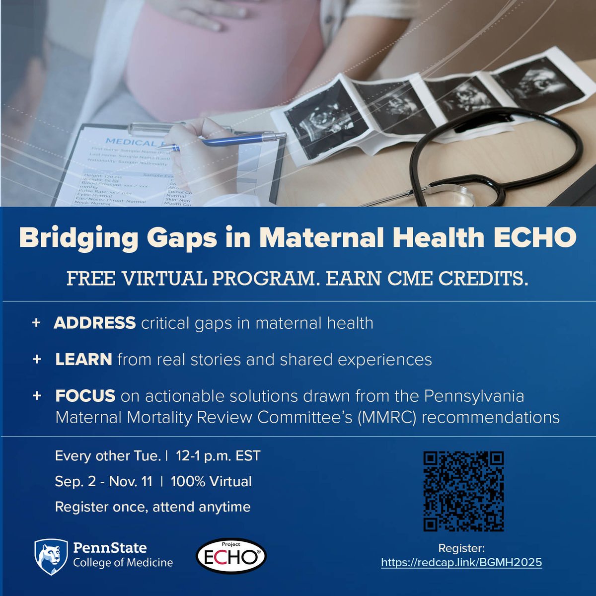 🤰🩺Support pregnant &amp; postpartum individuals in your work? Join the Bridging Gaps in Maternal Health ECHO—a FREE, CME-eligible series STARTING SEP. 2. Learn, connect, &amp; take action to improve maternal care.
🔗 bit.ly/4m21Rlk
#MaternalHealth #CME #HealthcareEducation