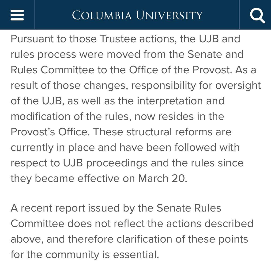 columbiafsi's tweet image. We are happy to see significant progress regarding @Columbia discipline. It has been clarified that “responsibility for oversight of the UJB, as well as the interpretation *and modification* of the rules, now resides in the Provost’s Office."
This is a major step towards a…