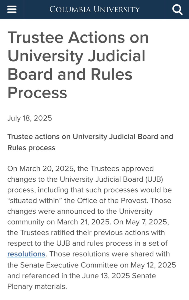 columbiafsi's tweet image. We are happy to see significant progress regarding @Columbia discipline. It has been clarified that “responsibility for oversight of the UJB, as well as the interpretation *and modification* of the rules, now resides in the Provost’s Office."
This is a major step towards a…